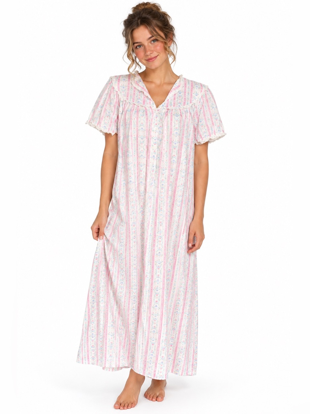 Lanz of Salzburg 100% Cotton Floral Stripe Button-Front Collared Nightgown S